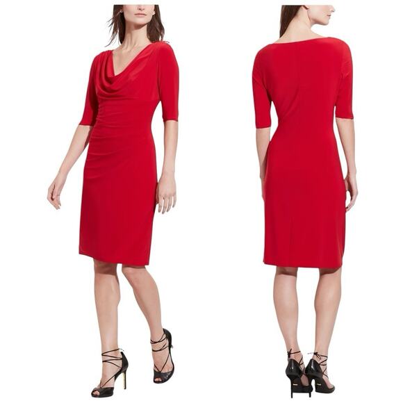 Chaps Women's Red Cowl Neck Ruched Sheath Dress Flattering 3/4 Sleeve -Size L - Picture 1 of 11